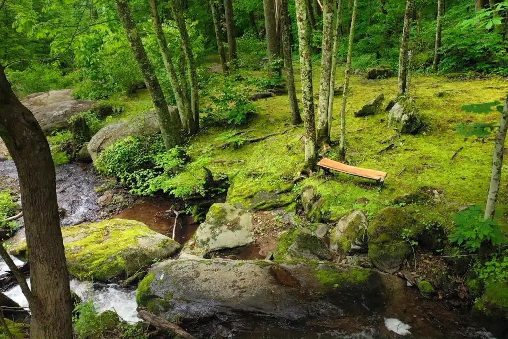 drone unicorn bench from across Creekside waterfall surrounded by moss-covered stones at Windows Over Waterfalls, a romantic and secluded cabin retreat in the North Carolina mountains.