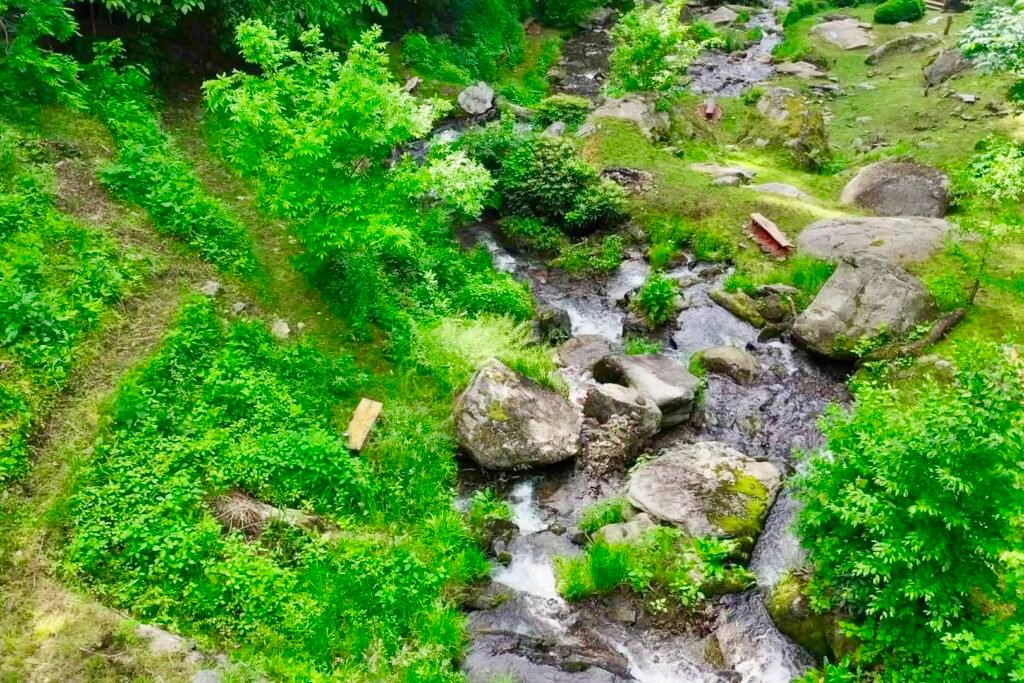 drone upper cascades looking straight downb Mountain vacation rental with waterfall sounds and mossy creekside landscape in North Carolina