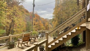 EV road trip Blue Ridge Mountains at Windows Over Waterfalls front porch view