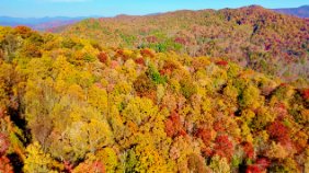 fall foliage in the Blue Ridge Mountains above windows over waterfalls