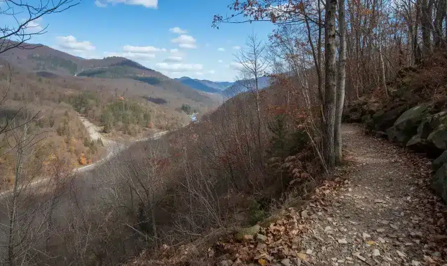 View from Lovers Leap on the Appalachian Trail in Hot Springs NC looking down at the French Broad River and town below