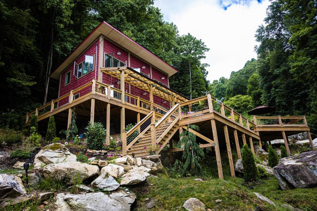 secluded mountain cabin front view