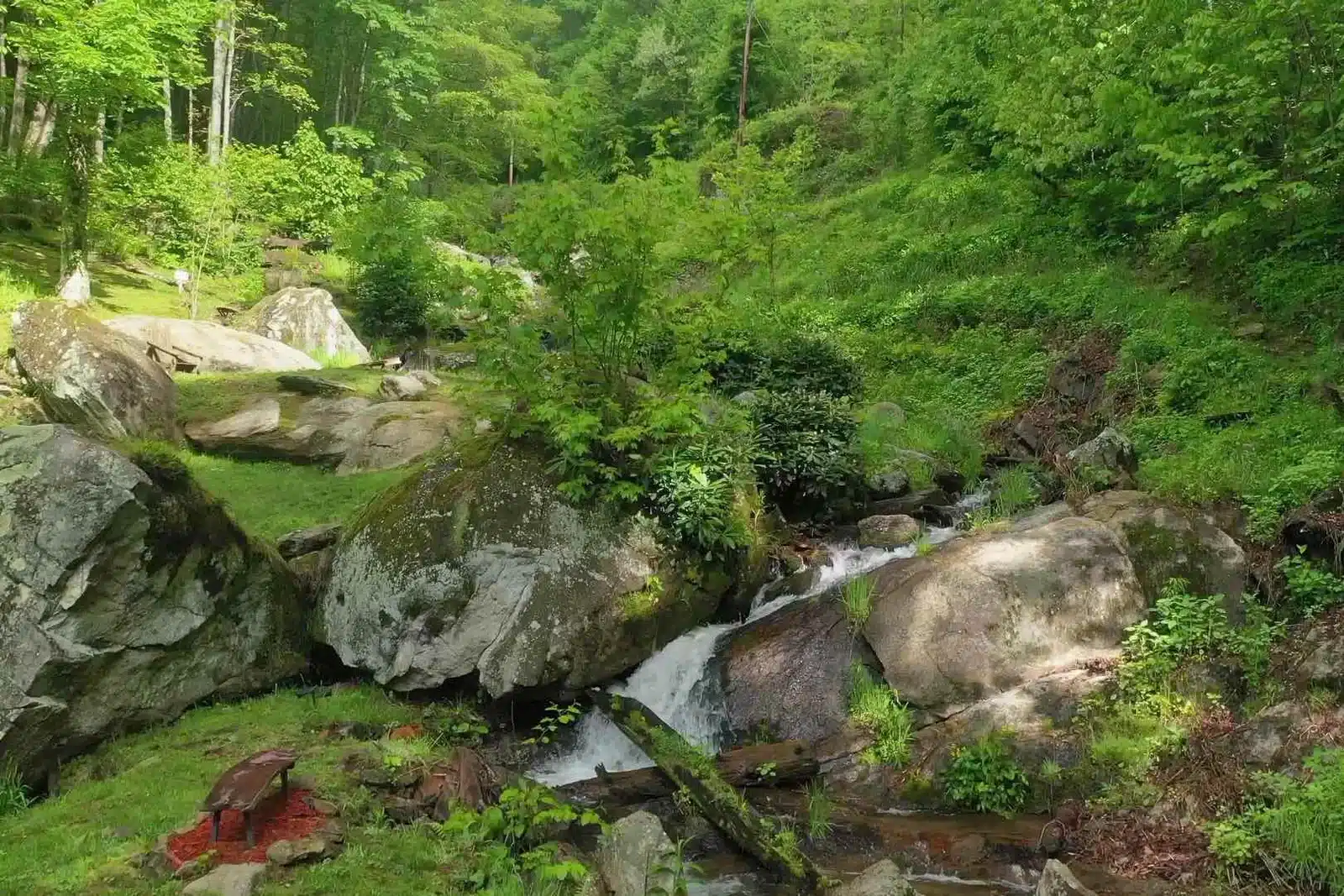 Big falls in sunlight at Windows Over Waterfalls Hot Springs NC